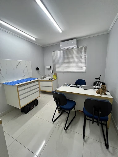 Sala de procedimentos da clínica, com mesa de avaliação, bancada e mobiliário clínico.
